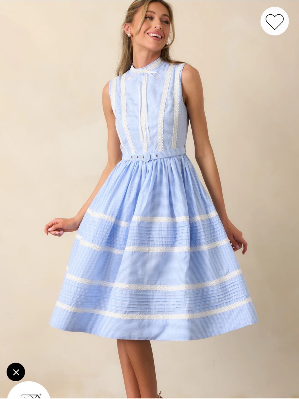 Sleeveless Light Blue Midi Dress with Belt and Lace Trim